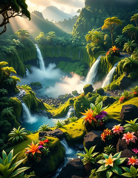 A breathtaking view of an ancient, dormant volcano now transformed into a lush, vibrant natural sanctuary. The crater is filled with dense tropical forests, colorful exotic flowers, cascading waterfalls, and mist swirling gently in the morning light. Vines and moss cover the dark volcanic rocks, and small streams wind down the slopes. while rays of sunlight pierce through the dense canopy, creating sparkling reflections on the water. The atmosphere feels peaceful, enchanted, and untouched by humans. The scene is depicted in an ultra-detailed, hyper-realistic style, with warm, soft lighting and rich, saturated colors that enhance the magical and serene mood of the landscape.
<lora:SDXLFaeTastic2400:0.4> <lora:extremely_detailed:0.4> extremely detailed, <lora:dormant_v0lc4n0:1>,dormant v0lc4n0, Masterpiece,best quality,hi res,8k,hi res,8k,award winning,(sharp focus, intricate, highly detailed),