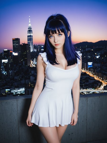 RAW photo, <lora:skyline:1>,metroplex,sky,city,city lights,city building,city tower,city scenery,city bridge,city architecture,cityscape,city skyline,city skyscraper,city background,city street,, lavender-white eyes,(featureless eyes:1.3),dark blue eyes,very_long_hair,fair skin complexion,petite,slender,lavender clothing,white clothing,fur trim clothing,dark blue clothing,open-toed sandals,<lora:Hinata Hyuuga:1>,hhwiafu,blue hair,hair bangs,black hair,photo background,1girl,medium breasts,., 8k uhd, dslr, soft lighting, high quality, film grain, Fujifilm XT3