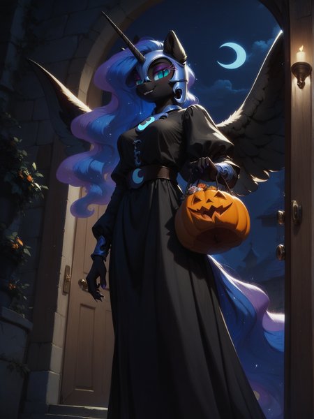 score_9, score_8_up, score_7_up, score_6_up,  1 girl, solo, (Nightmare Moon:1.1) \(mlp\), (anthro pony:1.2), tail, medium breast, seductive pose, glowing hair, big wings, wicked,
black medieval dress,
standing outside, (doorway:1.2), streets, night, holding bag of candy, from below, close-up,
halloween, <lora:Anime Summer Night Style SDXL_LoRA_Pony Diffusion V6 XL:0.5>  <lora:Realistic000003_1_2.5DAnime_0.05_Merge1:0.5>  <lora:MegaFluffyPony:0.5> MegaFluffyPony, furry, fluffy, dark theme, low light,
