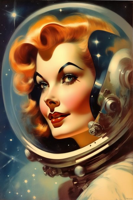<lora:Rolf Armstrong Style:1>Rolf Armstrong Style - 1950's style art of a woman in space