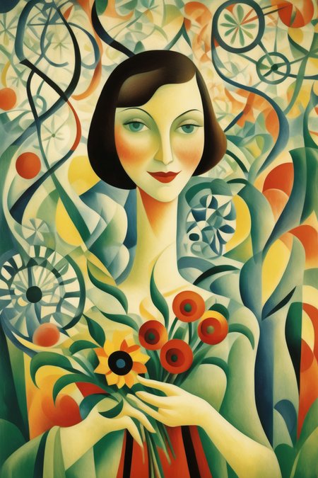 <lora:Natalia Goncharova Style:1>Natalia Goncharova Style - a woman softly smiling and holding a bouquet of flowers in front of an intricate pattern of neurons and synnapses in the style of August Macke