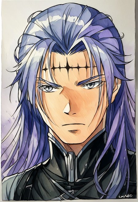 Calcharo, wuthering waves, black clothes,grey eyes, face tattoo,looking at camera, surrounded by purple electricity, detailed, masterpiece, Expressiveh, 8k, uhd,watercolor painting