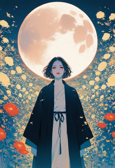 zPDXL3, 1woman, robe, moon, flowers, white skin, highly detailed,   high resolution, best quality, sharp quality,  clear quality, High-definition, smooth image, bright colors, vibrant colors, colorful, clean lines,