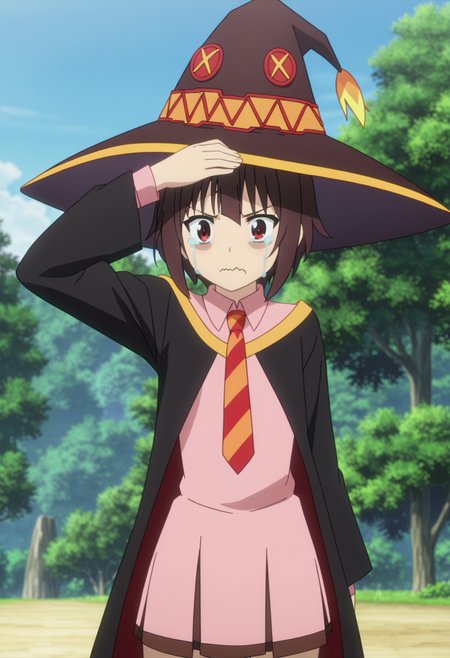 score_9, score_8_up, score_7_up, source_anime,
BREAK
1girl, solo, anime screencap, anime coloring, 
<lora:shiMeguminV1:1.0>, 
shimeguschool, academyuniform, short hair, brown hair, long sleeves, red eyes, pink dress, pleated skirt, black cape, witch hat, 
diagonal-striped necktie, 
looking at viewer, tears, crying with eyes open, frown, wavy mouth, 
covering head, hand on own head,