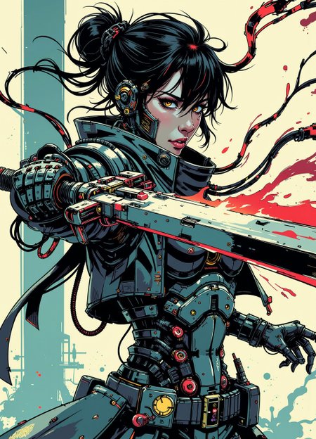 digital illustration, inksketch, anime art, in the style of cknc, Wabi-sabi (woman:0.3) assassin with (cyborg face parts),cyborg cybernetic enhancements, looking at the viewer, wielding an (enormous sci-fi sword) with mechanical parts at the viewer, (action pose, action shot ), action camera effects, intricate detailed, epic quality, profile picture, mechanical, background is a cyborg lab she is trying to escape from. manga
<lora:ck-nc-pastel-cyberpunk:0.75> <lora:ck-Ivan-Beslic-Art-Style-000019:0.2>  <lora:ck-MetalGearSolid-000019:0.55>  <lora:m100-style_v.02:0.3>