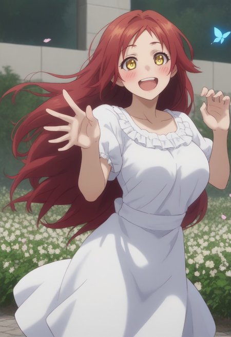 Karura, Long Hair, Red Hair, Yellow Eyes, Big Breasts, 
(nsfw), (uncensored), (score_9), score_8_up, score_7_up, source_anime, cowboy shot, dynamic pose, 1 Female, solo, happy smile joy, blush, ashamed, shy, sexy, charming, alluring, seductive, enchanting, erotic, 
((outdoors)), ((flower garden)), ((flowers)), ((many flowers)), spring petals, petals of flowers, spring, falling petals, flying butterflies,