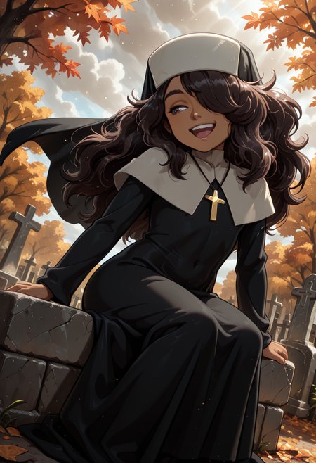 masterpiece, best quality, 32k, high resolution, absurdres 
1girl, solo, Carlini, dark skin, brown hair, long hair, hair over one eye, brown eyes
habit, nun , nun dress, cross necklace,
dynamic pose, sitting, on the gravestone, laughing, open mouth,
outdoors,  graveyard, old graves, old tombstones, stone wall around, autumn, old small church in background, cloudy
light particles, dynamic angle,  cinematic angle, various angles, detailed background, beautiful background, (rays light:1.0),(grow:1.0) vivid colors, shiny and glossy, anime style, high-res, beautiful aesthetic, very intricate, high-quality details, vibrant, 
<lora:add-detail-xl:1.10> <lora:spo_sdxl_10ep_4k-data_lora_webui:0.95> <lora:noobai_ep11_stabilizer_v0.138_fp16:0.6> <lora:StS-Illustrious-Detail-Slider-v1.0:1.10> <lora:cfg_scale_boost:0.95> <lora:nyalia:0.20>   <lora:carlini_illustrious:0.8>