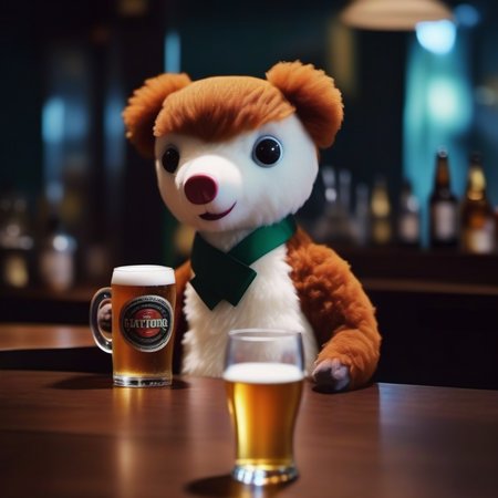 cinematic photo a stuffed animal having a beer in a pub <lora:Colargol1024:0.9> . 35mm photograph, film, bokeh, professional, 4k, highly detailed