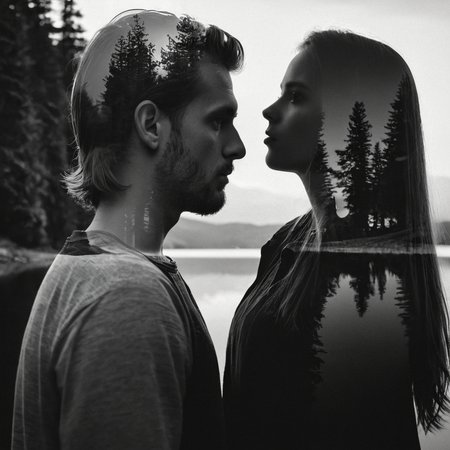 Double Exposure photography, <lora:detailed_notrigger:0.1>
<lora:facial expression style v2:0.1>
<lora:perfection style:0.1> perfection style
<lora:TeethXL:0.1>
<lora:detailed:0.1> detailed
<lora:skin texture style:0.1>
 <lora:Double Exposure style:1>
Double Exposure style superimposition style of a woman with a long hair and a Double Exposure man standing in front of a lake, sharp, detailed, cinematic photography style, two different exposures, images layered on top of each other, photo within photo, photo on top of another photo, Multiple exposure, Superimposition style, Double Exposure style, solo, 1boy, monochrome, greyscale, male focus, facial hair, from side, profile, 1girl, long hair, silhouette
, double image ghost effect, image combination, double exposure style