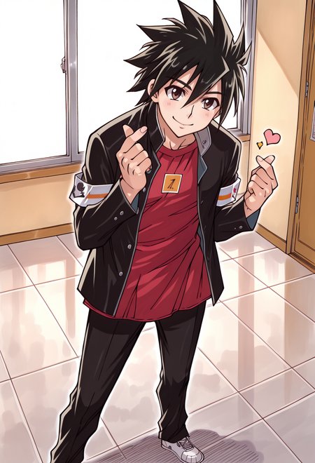 masterpiece, best quality, high quality, anime, solo, 
 <lora:AEKazuki_1:1> 
AEKazukiDef, brown eyes, black hair, hair between eyes, spiked hair, armband, black jacket, long sleeves, open jacket, red shirt, black pants, white footwear, sneakers, standing, 
<lora:AESTYLER:1.35> smile, school, finger heart,