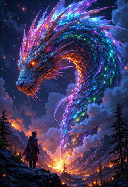 In a mesmerizing digital painting, A large space and below there is a fire in a open forest and a giant storm  emerges, radiating vibrant bioluminescent hues against the dark expanse of space. Its otherworldly form is a symphony of colors, with scales that shimmer like precious gems and intricate patterns that seem to dance with life. Luminescent tendrils extend from its body, illuminating its surroundings with an ethereal glow. showcasing its celestial beauty in stunning high-definition.
<lora:FluxMythP0rtr4itStyle:0.6> <lora:Midjourney_Dreamlike_Fantasy_FLUX_LoRA:0.6> <lora:Elden_Ring_-_Yoshitaka_Amano:0.33>