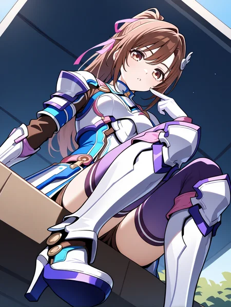 perfect quality,best quality,absolutely eye-catching,ambient occlusion,raytracing BREAK
1girl,<lora:reimi IL v1.2:0.7>,reimi,ponytail,brown hair,brown eyes,hair ornament,pink ribbon,armored dress,long sleeves,white gloves,shorts,purple thighhighs,purple greaves,white high heels,outdoors,, from below,upper_body,reclining,pointing_at_self,arm_at_side,sitting,