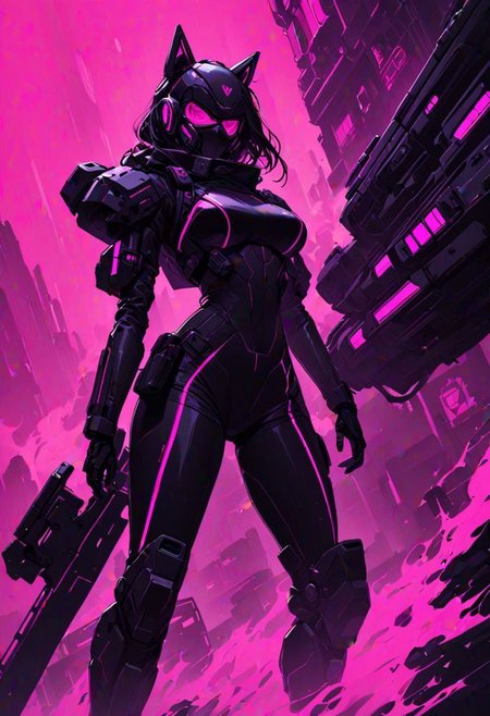 from below, amazing artwork of a girl with a tight black mecha outfit and cat ears, she is wearing a (fluorescent yellow trenchcoat:1.001) and she is wielding a giant chainsaw, helm mask, solo. Style of Casey Baugh. fluorescent pink smoke on the background, night, high contrast, cloth floating in the wind, strong wind, mecha girl, super high contrast fluorescent colors
cyberpunk, vaporwave, neon, vibes, vibrant, stunningly beautiful, crisp, detailed, sleek, ultramodern, magenta highlights, dark purple shadows, high contrast, flat color style,ambient lighting,