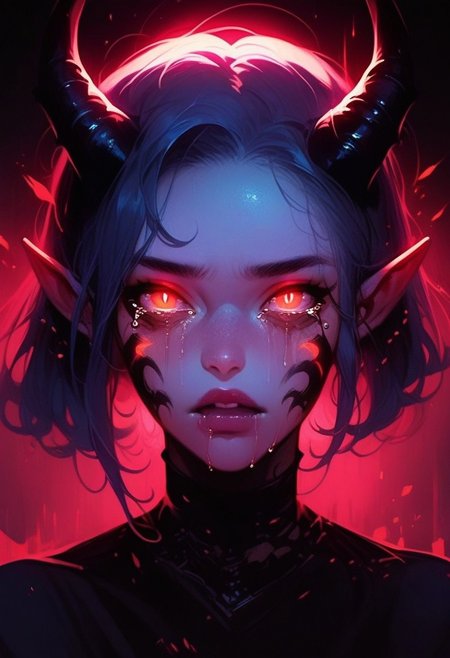 score_9, score_8_up, score_7_up, score_6_up,  glow in the dark artwork of a demonic character with glowing eyes, solo, 1girl, pointy ears, looking at viewer, tears
Expressiveh