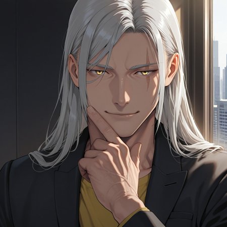 masterpiece, best quality, amazing quality, absurdres, newest, detailed background, definition so sharp, Ultra-HD, 8K cinematic, very awa, impressionate, amazing quality, highres, 
solo, male focus, manly, shadow, shiny skin, mature male, extream close-up, soft coloring,
mitsuhisahachiya, mitsuhisa_grey hair, mitsuhisa_yellow eyes, 1boy, long hair, scar across eyebrow, gentleman, understated_elegance, classic_suit, attentive_listener, observant, kind_gesture, subtle_smile, respectful, old_fashioned_charm, wise_expression, calm_demeanor, quiet_confidence, hand_in_pocket, city_stroll