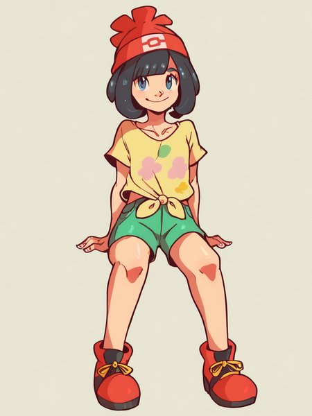 score_9, score_8_up, score_7_up, score_6_up, score_5_up,
pokemonselene, black hair, blue eyes, short hair, bangs, blunt bangs, beanie, collarbone, green shorts, hat, red headwear, shirt, short sleeves, shorts, tied shirt, yellow shirt, footwear
, 1girl, solo, facing viewer, small smile, full body
 <lora:mrsmiles:1> mrsmiles <lora:pokemon-selene-ponyxl-lora-nochekaiser:0.9>