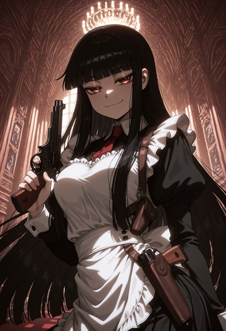Girlycard, solo, 1girl, female focus, female, black hair, long hair, hime cut, blunt bangs, red eyes, maid outfit, intricate dress, slender figure, medium breasts, upper body, (extreme close up:1.3), portrait, smug
BREAK
holding a Mauser C96, leather shoulder holster, pistol holster, contrapposto, fancy ornate gilded luxurious hotel lobby, perfect architecture
BREAK
soft shadows, vivid, perspective, masterpiece, very aesthetic, absurdres, best quality, amazing quality, intricate detail, highly detailed, newest, highres, 8K, HDR, best quality, absurdres, high quality, dynamic composition, vibrant colors, foreshortening, glamour shot, 