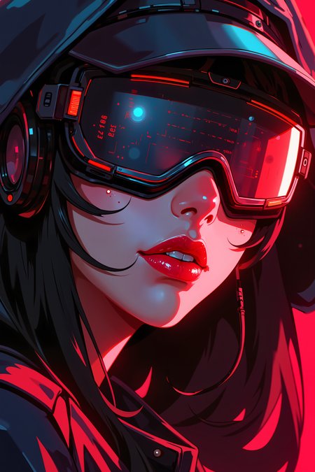 a cyber hacker woman with red lipstick wearing metal visor. , detailed background  Fantastic lighting. Detailed shadows.intricate details, vivid colors, hyper-detailed, ultra-sharp, , <lora:XRSTYLE_FLUX:0.5><lora:RetroAnimeFluxV1:0.4><lora:MoriiMee_Gothic_Niji_Style_FLUX:0.3>