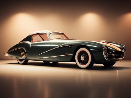 oldtimer sportscar in a showroom, design by retrofutur5-400, studio lighting, volumetric lighting, 10mm