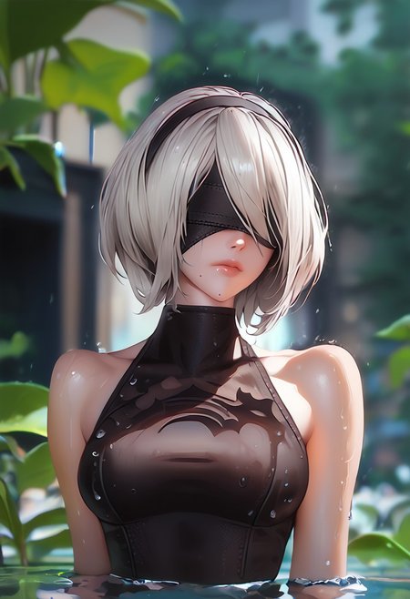 score_9, score_8_up, score_7_up, 1girl, solo, breasts, short hair, dress, bare shoulders, medium breasts, closed mouth, upper body, white hair, hairband, sleeveless, mole, blurry, black dress, lips, wet, depth of field, blurry background, turtleneck, phone, cellphone, black hairband, wet clothes, mole under mouth, facing viewer, smartphone, rain, water drop, blindfold, wet hair, covered eyes, black blindfold, yorha no. 2 type b