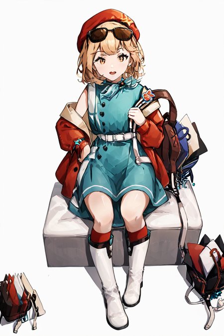 <lora:æéregulus_ç®è¤_reverse1999éè¿æªæ¥1999:1.1>,full body,1girls,white boots,boots,white footwear, simple background, white background, eyewear removed, eyewear on head, holding, bag, white background, sitting, blonde hair, open mouth, socks, dress,hat,