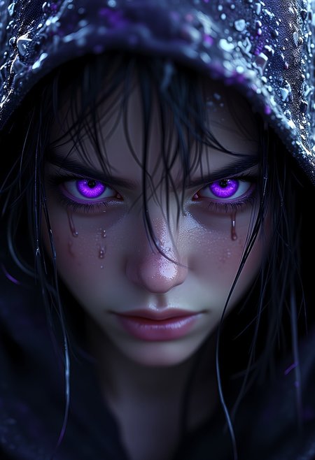 A close-up of a female face with vibrant purple eyes wet skin and dark hair accentuated by a hooded garment