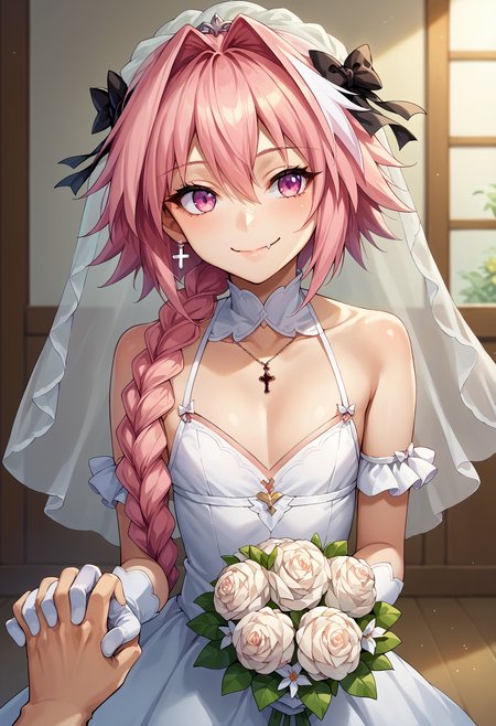 core_9,score_8_up,score_7_up,score_6_up, source_anime, 1boy, solo, otoko no ko, <lora:EPAstolfoPony-05:1> EPfaAstolfo, pink hair, pink eyes, ribbon, hair ribbon, braid, hair between eyes, hair intakes, white hair, hair bow, single braid, long hair, long braid, streaked hair, skin fang, bow, black bow, smile, bare shoulders, bouquet, flat chest, bridal veil, cleavage,  dress, earrings, flower, gloves, holding hands, jewelry, pov, pov hands, upper body, veil, wedding, wedding dress, white gloves, horizon,