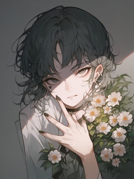 score_9, score_8_up, score_7_up, score_6_up, score_5_up,  <lora:JohnKafkaXLP:1> john kafka, 1girl, flower