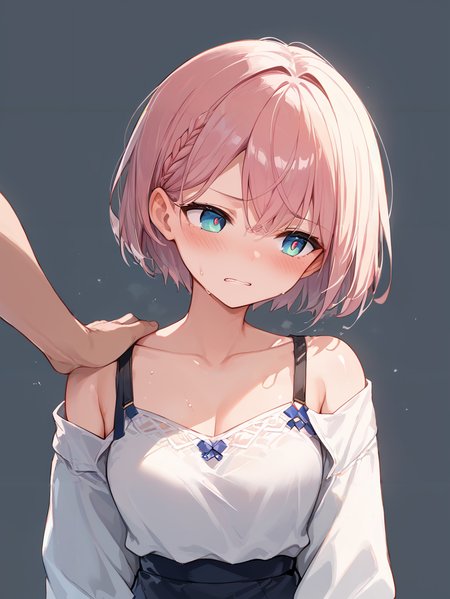score_9, score_8_up, score_7_up,source_anime, high res image,masterpiece,best quality,(girl:1.0),cute face,clear skin,shiny hair,ultra detailed eyes,simple background, <lora:clenched teeth_pony_V1.0:1> clenched teeth, blush, sweat,hetero,looking away,1boy ,grabbing shoulder