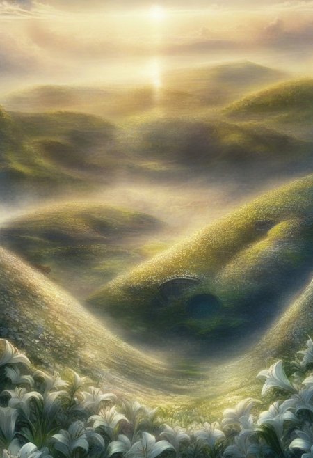 detailed background, from above,( Calm spring morning landscape), beautiful view, Flower Field, lily flower in full bloom, lily flower, early morning, sunrise sky, beautiful clouds, dappled sunlight, 
I can see a windmill in the distance, 
depth of field, masterpiece, best quality, ultra-detailed, very aesthetic, illustration, perfect composition, intricate details, absurdres, moody lighting, wisps of light, no humans,