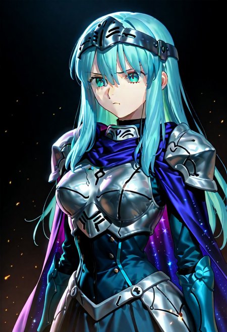 score_9, score_8_up, score_7_up, ((solo)), calm, pout, closed mouth, 1girl, solo, (medium breasts, thin waist, wide hips), peaceful, closed mouth, adult, (((eirika face))), (((cyan hair, cyan eyes))), ((long hair, hair between eyes)), (((indigo cape, metal headband, green metal_uniform, metal breast_armor))), no background, dark background, cowboy shot, dark background, portrait, Expressiveh,