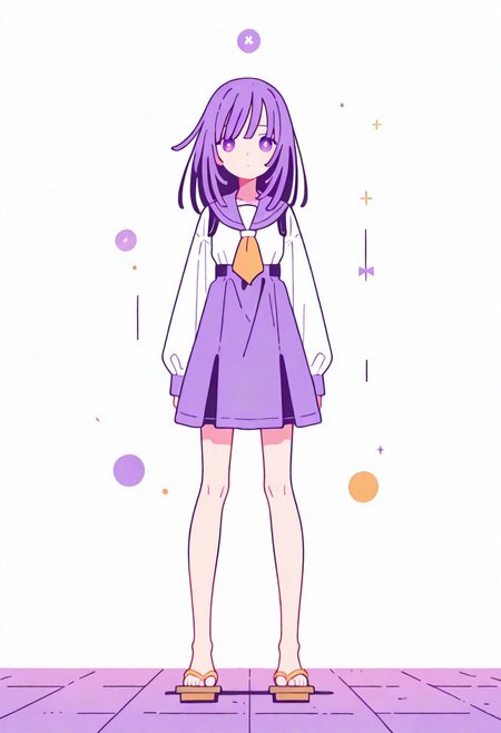 Flatline, Flat vector illustration, looking at viewer, full_body, 
nadeko, long hair, long bangs, school_uniform, sailor, 
slim, slender, knees, beautiful legs, barefoot, geta wooden sandals, 
from front, front view, straight-on, look at viewer, standing, (legs apart:1.4), 
white background,