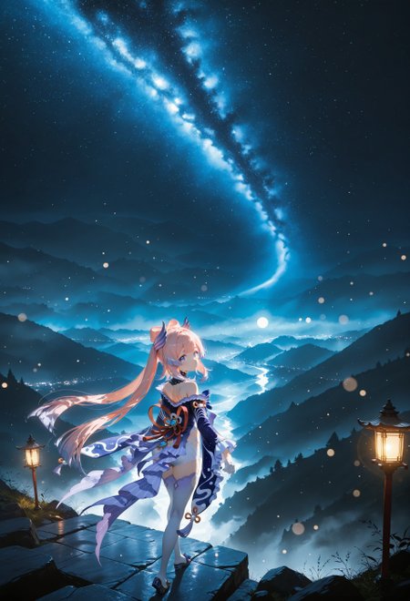 ((standing, looking back,high angle,closed up:1.5))

((1 girl,Sangonomiya Kokomi \(genshin impact\), xinhai clothes, thighhighs, navel, bow-shaped hair, long hair,white gloves, pink hair, shorts, wide sleeves, bangs,bare shoulders,glowing eyes,))

(Valley:1.5),(night,moonlight,dark sky,blue sky,starry sky:1.5),(blue hue:1.4)

((negative space:1.3)),((dynamic angle:1.5)),((foreshortening:1.5)),((extreme perspective:1.4)),(dynamic pose:1.3)),(background Bokeh, background blur:1.2)

Smooth_Quality,amazing quality, ((aesthetic:1.3)),((4k,8k,Ultra HD)),((Masterpiece :1.2)),((Best quality :1.2)),((Detailed :1.5)),((Detailed background :1.5))