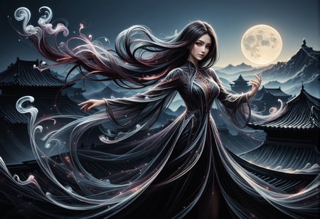 mad-wsps, xslx scribble, detailmaximizer. A bust shot of a stunning young Asian woman, her upper body gracefully swaying as she performs a traditional Chinese shrine dance. The deep black of her long hair, shimmering with a hint of red in the moonlight, contrasts beautifully with her flowing black dress, which has subtle white accents along the edges, adding an elegant, otherworldly touch. Her hands move elegantly, creating ceremonial gestures, while her face remains calm and focused, lit by the moonâs soft glow. She stands atop the ornately curved roof of the ancient Chinese palace, with the detailed architecture of the roof tiles and eaves visible behind her, shrouded in a light mist. The setting adds to the spiritual and ancient atmosphere of the scene., <lora:RealisticAnimeFlux_v2.safetensors:1.0:1.0> <lora:Wisps_of_Light_FLUX.safetensors:0.8:0.8> <lora:scribble-flux-v1.safetensors:1.0:1.0> <lora:aidmaImageUpgrader-FLUX-V0.1.safetensors:0.5:0.5>