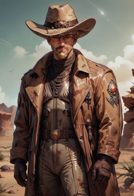 score_9, score_8_up, score_7_up, detailed, 1boy, human, cowboy, sci-fi, futuristic, alien planet, desert planet, desert, long leather coat, shiny coat, shiny trousers, shiny pants, shiny shirt, shiny hat, cowboy hat, beard, knva, moody, cowboy shot, bokeh, shiny, retro artstyle, dirty, gritty, dusty, shiny, metallic clothing, blonde, goggles,( steampunk:0.5),( dieselpunk:0.5), dune, artwork, shiny clothes, reflective clothes, metallic clothes, long coat, long jacket,