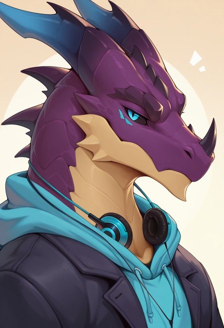 masterpiece,best quality,amazing quality, detailed, 1boy, solo,  nice eyes,looking at viewer, furry, dragon, Hoodie, Earphones around neck, wolfanine, horns, dark sclera, blue eyes, close up, looking at viewer, side view