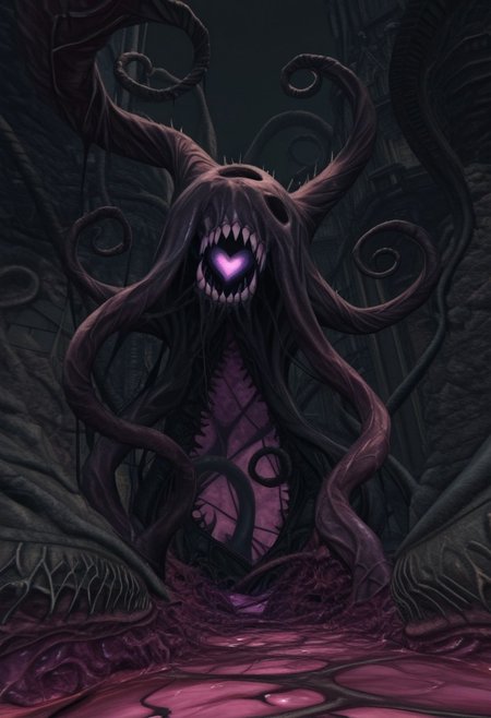 AMAZING QUALITY, MASTERPIECE, W1CK3D, SCENERY, CORRUPTED HEART, NIGHTMARE, ELDRITCH, TENTACLES, TEETH, PURPLE FLESH, PURPLE THEME, GLOWING,
