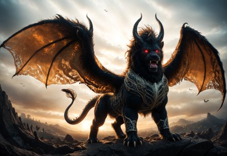 chimera fanged spiked horned monster, wings, fur, dark fantasy, scorpion tail, masterful, shimmering, vibrant, gothic, ultra detailed, detailed, immersive, reminiscent of high fantasy RPG games, HD, masterpiece, best quality, hyper detailed, super realistic, perfect face, professional, breathtaking  background, expression of feelings, imaginative, highly detailed, no humans, dragon, lion, wolf, goat, ram, snake tail head, scorpion tail, brute, tail, claw, fangs, sharp teeth, teeth, wings, open mouth, monster, beast, horns, red eyes, glowing eyes, muscular, flying, sky, full body, pillar , scales, snout, realistic, tongue, sitting, bird , outdoors, advntr, an14, ArsGreenMistWorld
