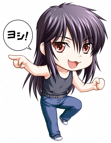 masterpiece, best quality, amazing quality, absurdres, official art, ultra detailed, 
1girl, chibi, full body, solo, yashi_nagomi, long hair, purple hair, red eyes, BREAK
black tank top, jeans, belt, 
smile, looking at viewer, genba_neko,chibi,pointing,standing on one leg,:3,open mouth,meme,parody, speech bubble, simple background, white background <lora:genba_neko_like_v2:1> <lora:Yashi Nagomi v1.0-000013:1>