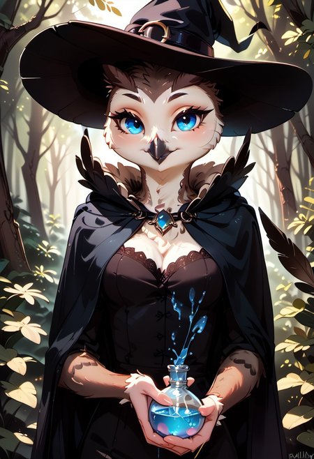 score_9, score_8_up, score_7_up, highres, high quality, perfection,
BREAK 
1girl, (solo: 2.0), girl alone, front view, cowboy shot,
BREAK 
furry female, owl girl, (anthro owl girl: 1.2), beautiful girl, cute girl, adult, 20 years old, detailed body, shapely girl, (slim body: 1.2), petite body, black feathers, (bald_girl: 1.2), (baldness: 2.0), detailed face, beautiful face, eyelashes, (blue eyes: 1.2), perfect eyes, detailed eyes, medium breasts, detailed hands,
clothed, (feathers cape: 1.5), witch hat, 
standing, soft smile, looking at viewer, holding potion with glowing blue liquid, wink,
BREAK
outdoors, night, forest, dark forest,