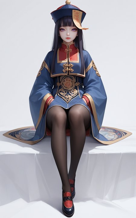 score_9,score_8_up,score_7_up,
<lora:jiangshiPony:1>,
jiangshi,1girl,solo,hat,white background,pantyhose,simple background,purple eyes,long hair,qing guanmao,shoes,hands in pockets,full body,looking at viewer,sleeves past fingers,sitting,bangs,black pantyhose,long sleeves,sleeves past wrists,blunt bangs,wide sleeves,ofuda,