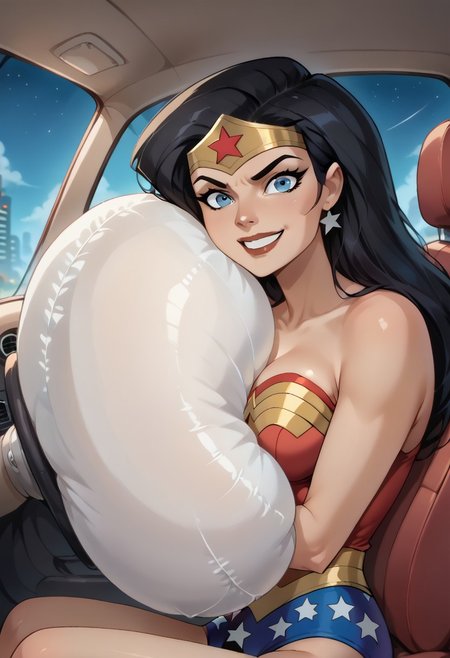 score_9, score_8_up, score_7_up, source_anime,
dianaprince, <lora:diana-prince-dcau-ponyxl-lora-nochekaiser:1>,
diana prince, blue eyes, black hair,
cleavage, huge breasts, bare shoulders, jewelry, star \(symbol\), leotard, star print, superhero,
car interior, airbagcrash, inflatedairbag, airbagcrash, hugging airbag, smile, looking at viewer, solo,