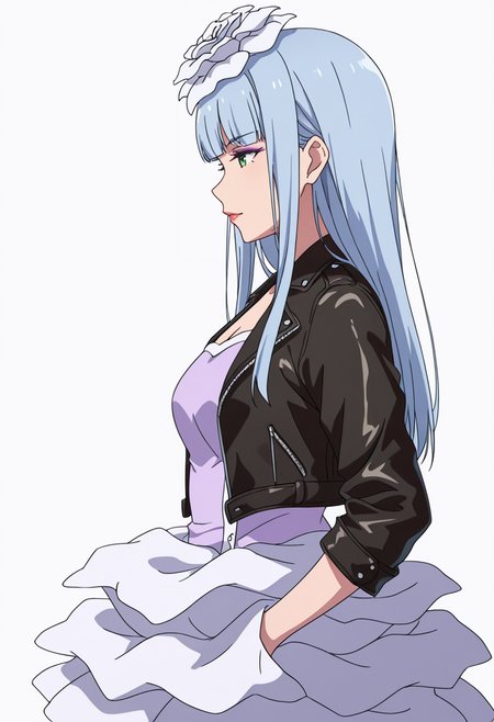Smooth Quality,masterpiece,very intricate, high quality details, ultra realistic, high detailed skin,detailed enviorement,absurdres,
 <lora:Manami_Supernova_CNR:0.8> manami_cnr, 1girl,blue hair, long hair, blunt bangs, green eyes, makeup, lipstick,white flower,hair flower, hair ornament,, simple background, white background, from side,solo,
walking pose, one hand in pocket, head slightly turned, casual stride,,, =v=,, shirt, ,leather jacket,  ,apron skirt,  ,