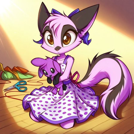 Dreamkeepers,1girl,Prelude_Vi,solo,furry,tail,source_furry,hazel eyes,
child, kid, 
Sewing a plush toy, needle, thread, plushie, fabric_scraps, scissors, polka_dot_dress, wooden_floor, sunlight, ribbon