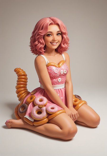 a2dstyle, bold outlines, flat colors, defined shading, illustration, 1girl, pink hair, freckles, PAWG, Thicc, character design, sitting on a donut, pink maxi dress, smile
