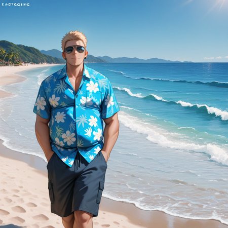 masterpiece, best quality, amazing quality, absurdres, newest, detailed background, definition so sharp, Ultra-HD, 8K cinematic, very awa, impressionate, amazing quality, highres, 
solo, male focus, manly, 
1boy, short hair, goatee, chubby, rikio_blonde, rikio_brown eyes, rikiokamamoto, sunglasses \(on face\), earrings, sideburns, shorts, Hawaiian shirt, beach, sunny, clear sky, blue ocean, relaxed, easygoing, cheerful, vacation, good vibes, walking, hands in pockets, carefree expression,