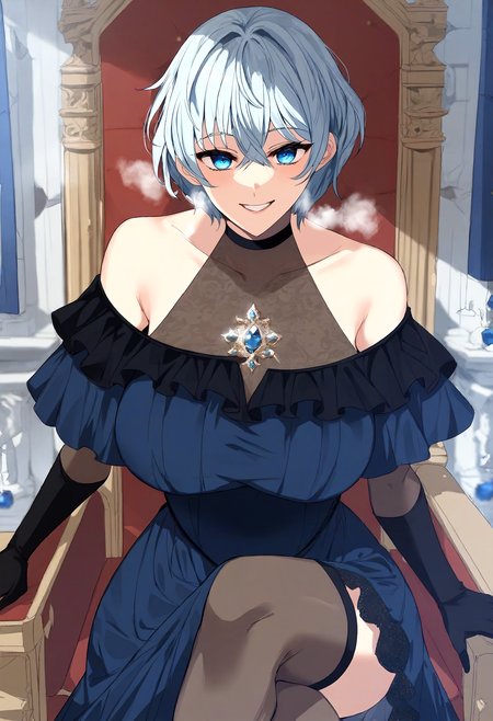 score_9, score_8_up, score_7_up, score_6_up, source_anime, rating_explicit, 1girl, solo, huge breasts, <lora:Levina Belfir Palos prefectPonyxl:1> hair between eyes, blue eyes, short hair, white hair, blue hair, grey hair, covered collarbone, blue gemstone, brooch, off-shoulder dress, long dress, black dress, blue dress, frills dress, lace-trimmed dress, halterneck, black gloves, elbow gloves, smile, grin, Narrow shoulders, heavy breathing, steaming body, castle, indoors, looking at viewer, sitting, on throne, crossed legs