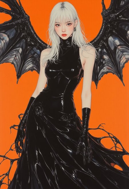 pingtu style, illustration-fen, A hyper-realistic midshot portrait in vantablack, ArsMJStyle, Colored pencil hyperdetailed realism, sss, translucent, lorenastyle, and retro futuristic clothing style, showcasing a tall, slender Caucasian woman with platinum blonde hair cascading in sleek, straight strands. Her pale, angular face, framed by glowing translucent edges, exudes an otherworldly charm, with piercing eyes locking directly onto the viewer. She wears a vantablack gown, retro-futuristic in design, its smooth fabric rippling like liquid darkness and accented with geometric, translucent layers that shimmer subtly under ambient light. The structured attire highlights her elegant form, blending avant-garde fantasy with futuristic aesthetics. Metallic bat-like wings unfurl from her back, etched with intricate bone-like patterns, their translucent edges catching faint light and casting dynamic shadows. The vibrant orange background, alive with M.C. Escher-inspired optical illusions, creates shifting, twisting patterns that add a surreal depth to the composition, contrasting sharply with her dark, flowing gown. Captured in vivid hyper-detail with flawless textures and lighting, this portrait embodies a fusion of gothic elegance, futuristic allure, and artistic precision.