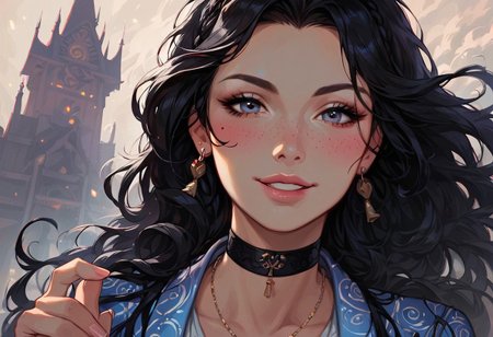 (score_9, score_8_up, score_7_up, score_6_up), source_cartoon, (high quality), (high resolution), 4k, perfect face, 1girl, ((Luxanna Crownguard)),(Asian woman),detailed face, Expressiveh, vibrant makeup, geisha makeup, young woman,(very long curly black hair, very long black hair, ornate hair ornaments), detailed gray eyes, freckles, pale skin, milf body, big boobs, extra wide hips, beautiful, adult, sexy, (detailed kimono, is a geisha), ,choker,earrings, necklace, looking at viewer, ((close-up angle, dynamic angle)) gentle smile, blushing, (sensual pose, gravure pose), BREAK, (in a medieval Japanese castle, Japanese castle background), BREAK, g0thicPXL, glowing, neon, romantic lighting