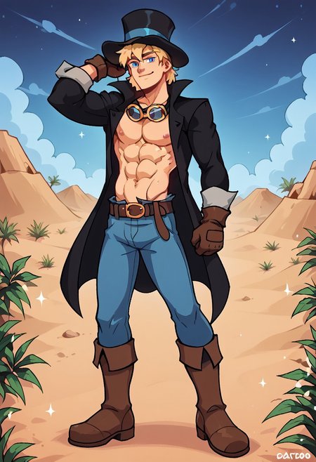 8k, score_9, score_8_up, score_7_up, portrait, masterpiece, blurred background, dunes in the desert, night sky, full-length portrait, dynamic pose, male focus. high detail, ultra realistic, realistic, perfect anatomy, perfect eyes, rating_safe
thick outline, black outline, 
A full-length portrait of a muscular male, with a dynamic pose under a sunny, blue sky background. He stands on a sandy terrain surrounded by vegetation, with fire and sparkles around him. The focus is on a sexy male character, SABO, with blonde hair, short and tousled, and striking blue eyes. He is smiling confidently, wearing a black top hat with goggles resting on the headwear. His outfit includes a black coat with long sleeves, left open to reveal a blue shirt underneath and a white ascot around his neck. One of his pectorals is visible through his open clothes, showing off his muscular chest, abs, and a sideboob peek, while pulling his clothes with one arm raised, presenting his armpit. He has a distinct scar across one eye and brown gloves, along with black boots and blue pants, fastened with a belt. The overall aesthetic is rugged yet stylish, emphasizing his confident and charismatic appearance.